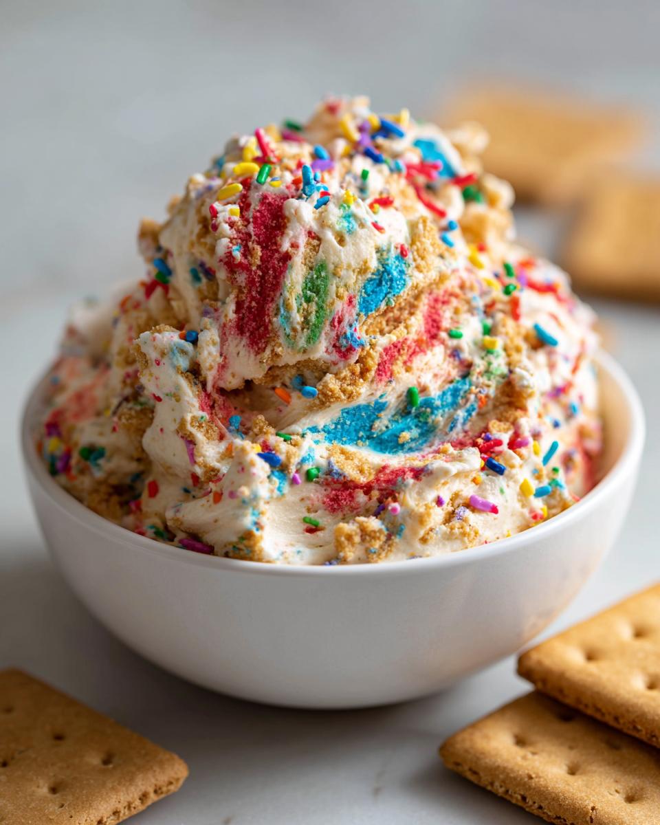 A white bowl filled high with colorful Spooky Dunkaroo Dip, swirled with bright colors and sprinkles, next to graham crackers.