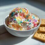 A close-up of colorful Spooky Dunkaroo Dip topped with sprinkles in a white bowl, next to graham crackers.