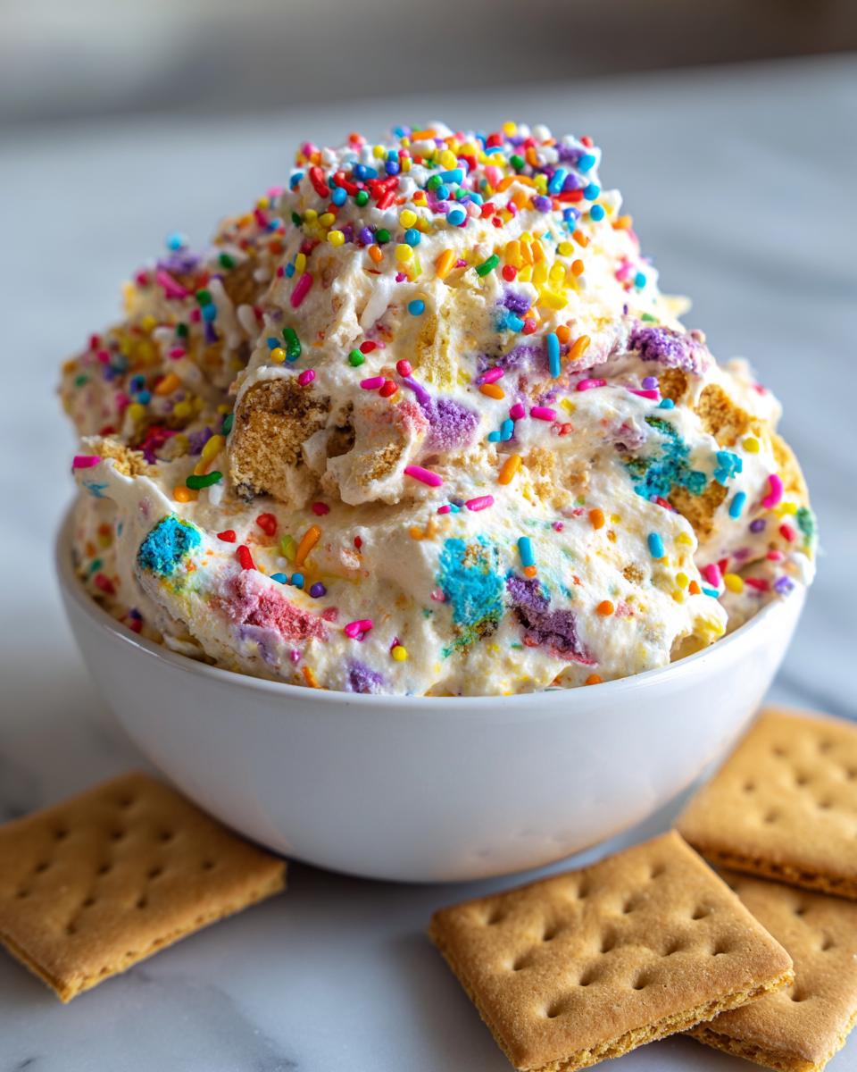 A white bowl filled with colorful Spooky Dunkaroo Dip topped with rainbow sprinkles and surrounded by graham crackers.