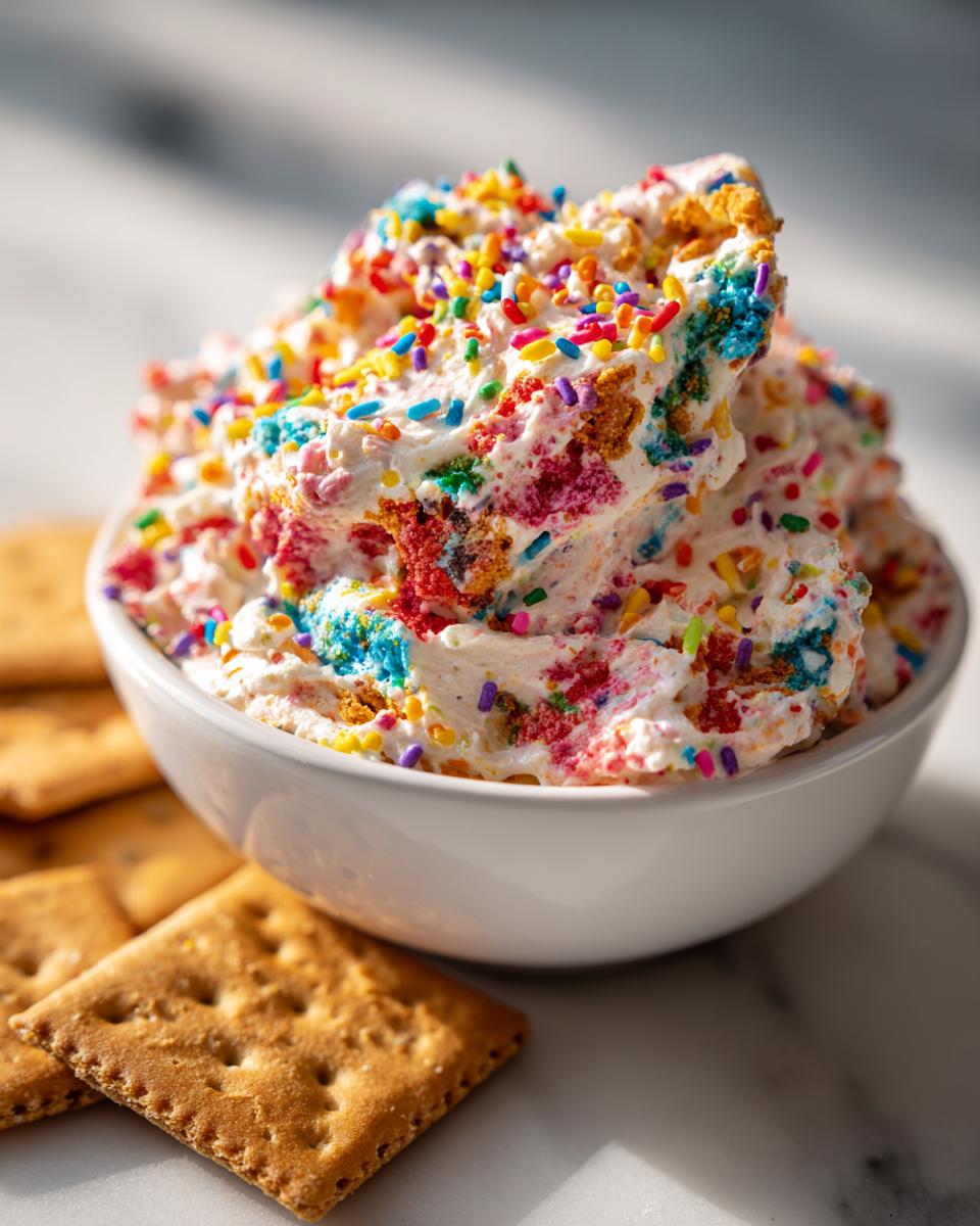 A vibrant bowl of Spooky Dunkaroo Dip mixed with colorful cake pieces and sprinkles, served with graham crackers.