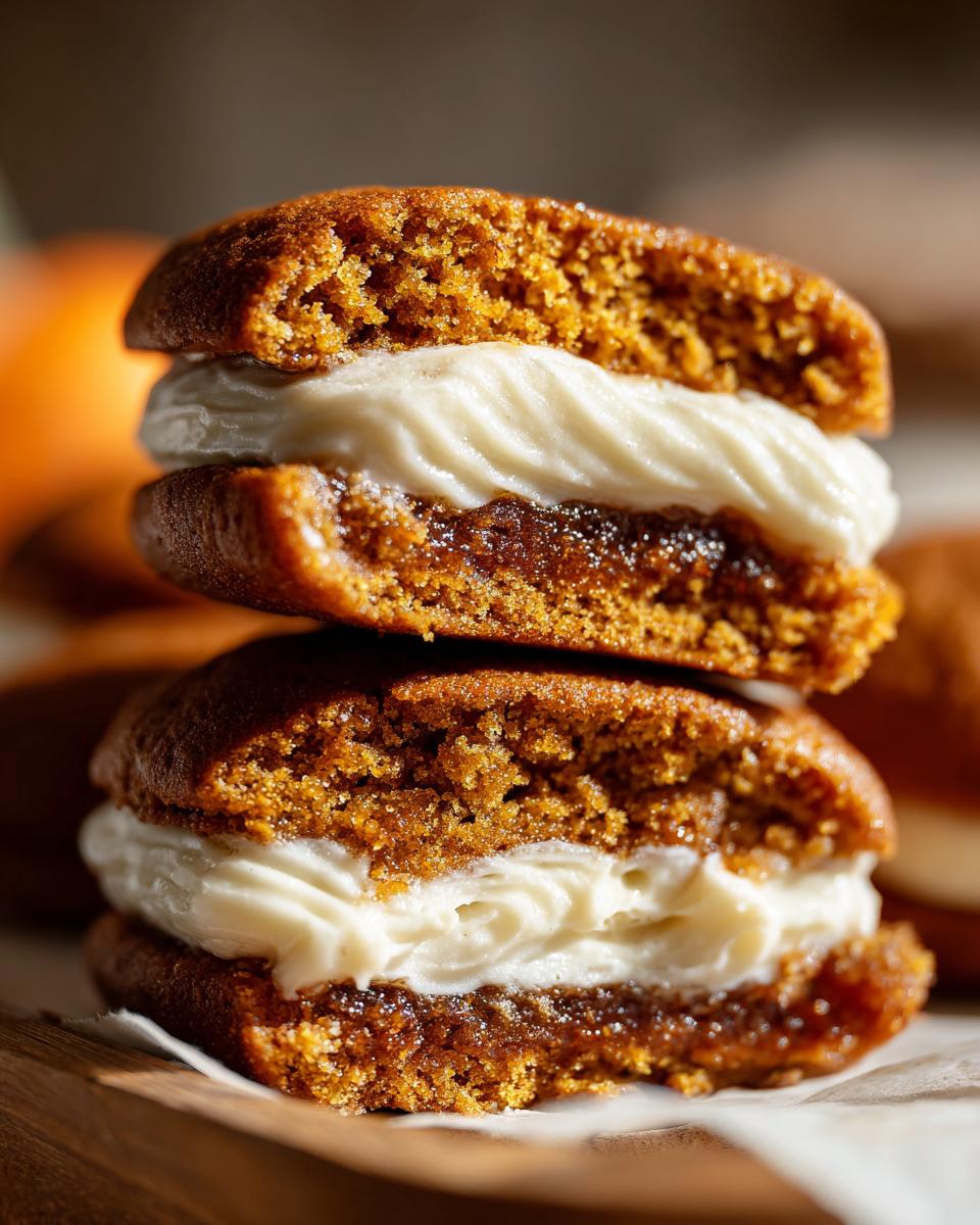 Close-up of two stacked Apple Cider Whoopie Pies showing the spiced cake texture and thick cream cheese frosting filling.