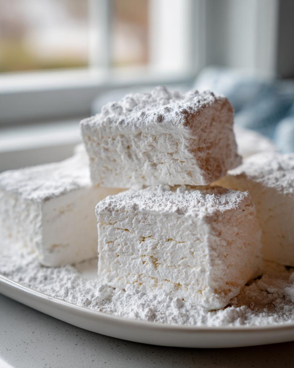 Close-up of fluffy, square homemade Stay Puft Marshmallows heavily dusted with powdered sugar on a white plate.