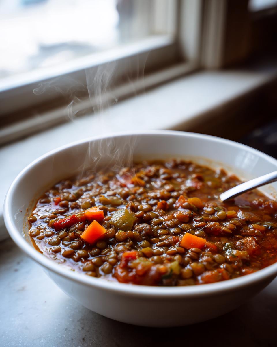 A close-up of a steaming white bowl filled with rich, hearty Lentil Stew featuring visible carrots and vegetables.