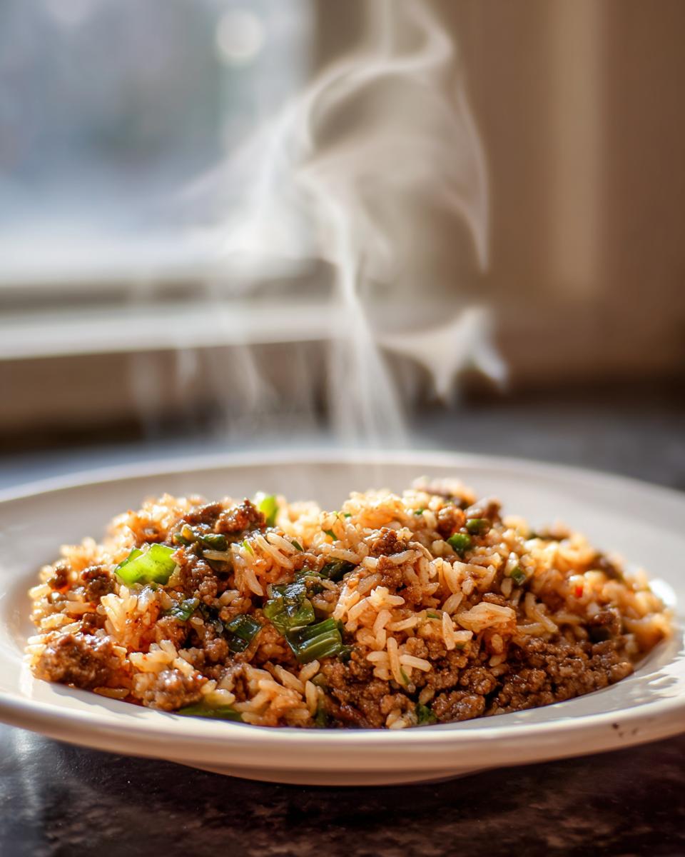 A serving of hot, steaming Dirty Rice With Ground Beef mixed with green onions on a white plate.