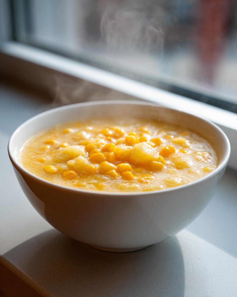 A steaming white bowl filled with creamy Potato Corn Chowder, featuring visible chunks of potato and bright yellow corn kernels.