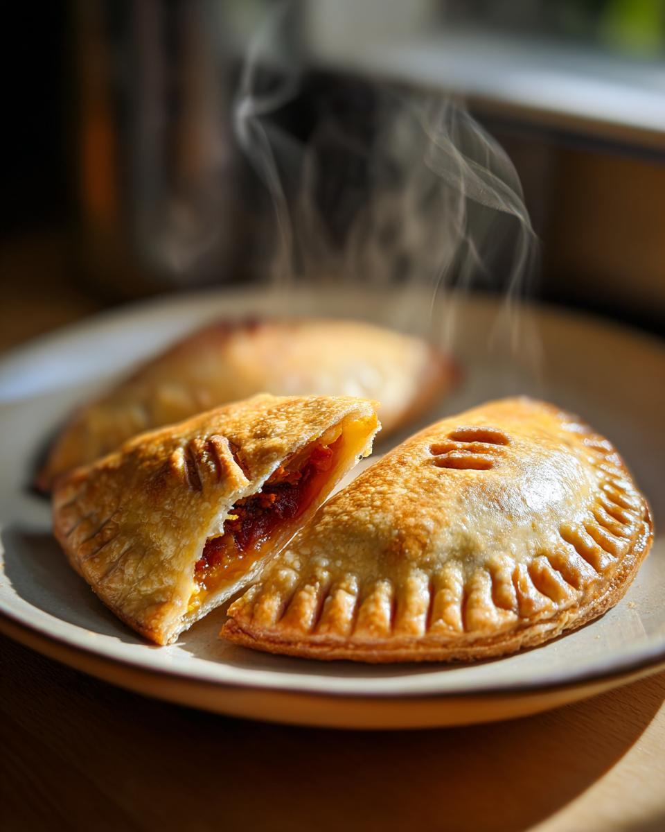 Close-up of two golden brown Spooky Chorizo Hand Pies on a plate, one cut open revealing the filling, with steam rising.