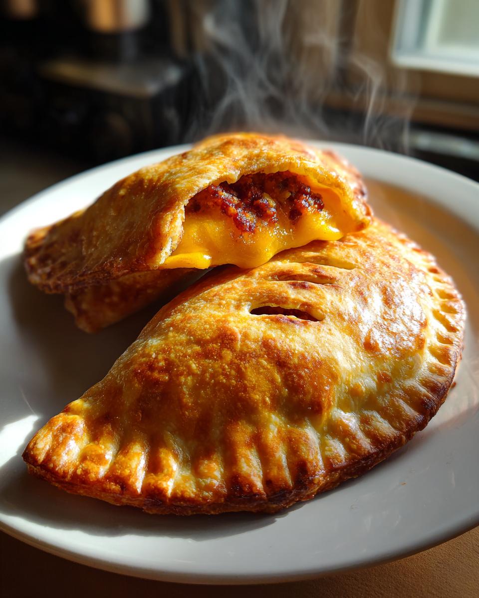 Two golden-brown Spooky Chorizo Hand Pies on a white plate, one cut open revealing steaming chorizo filling and melted cheddar cheese.