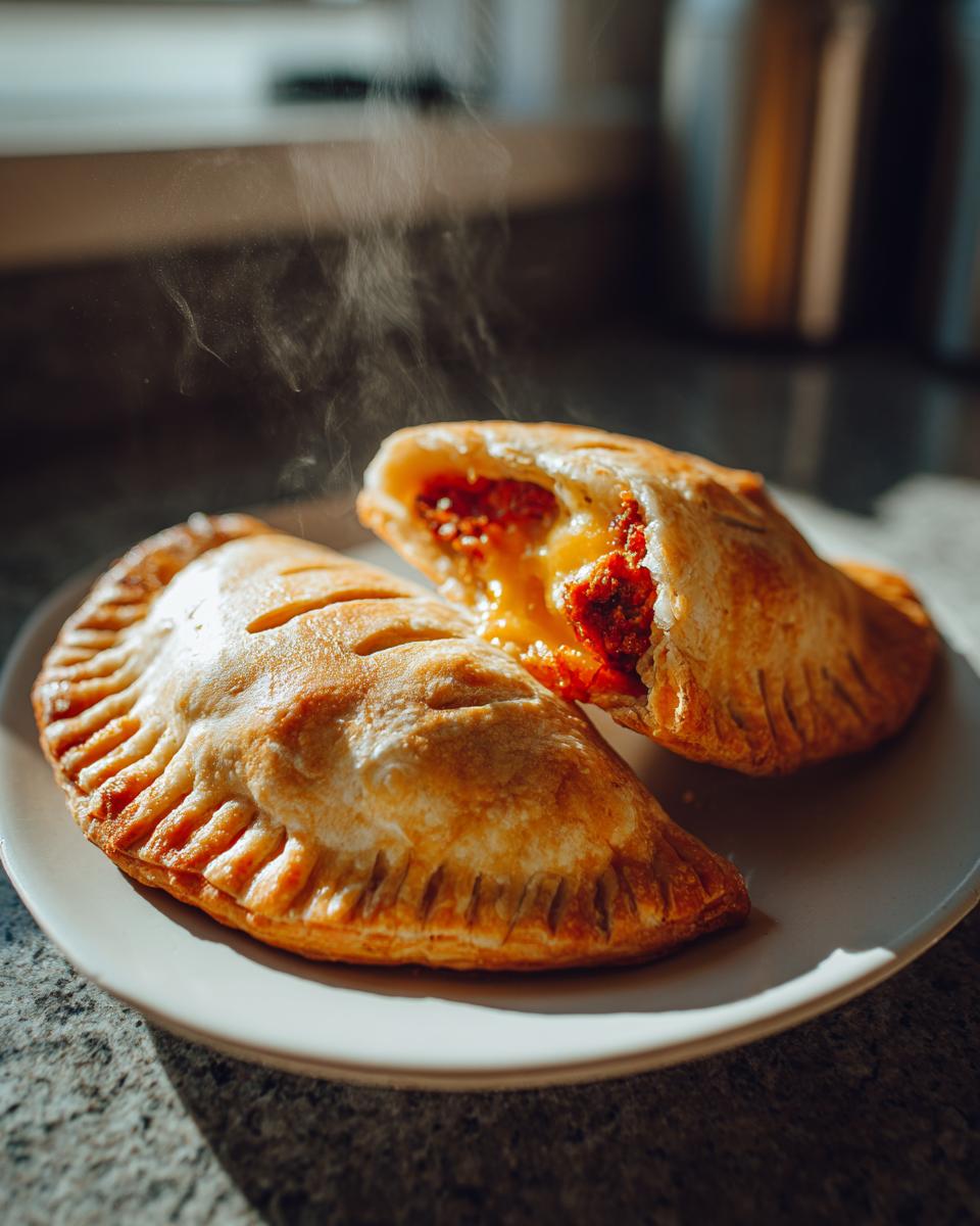 Two golden-brown Spooky Chorizo Hand Pies on a white plate, one cut open showing a cheesy, spicy chorizo filling and steam rising.
