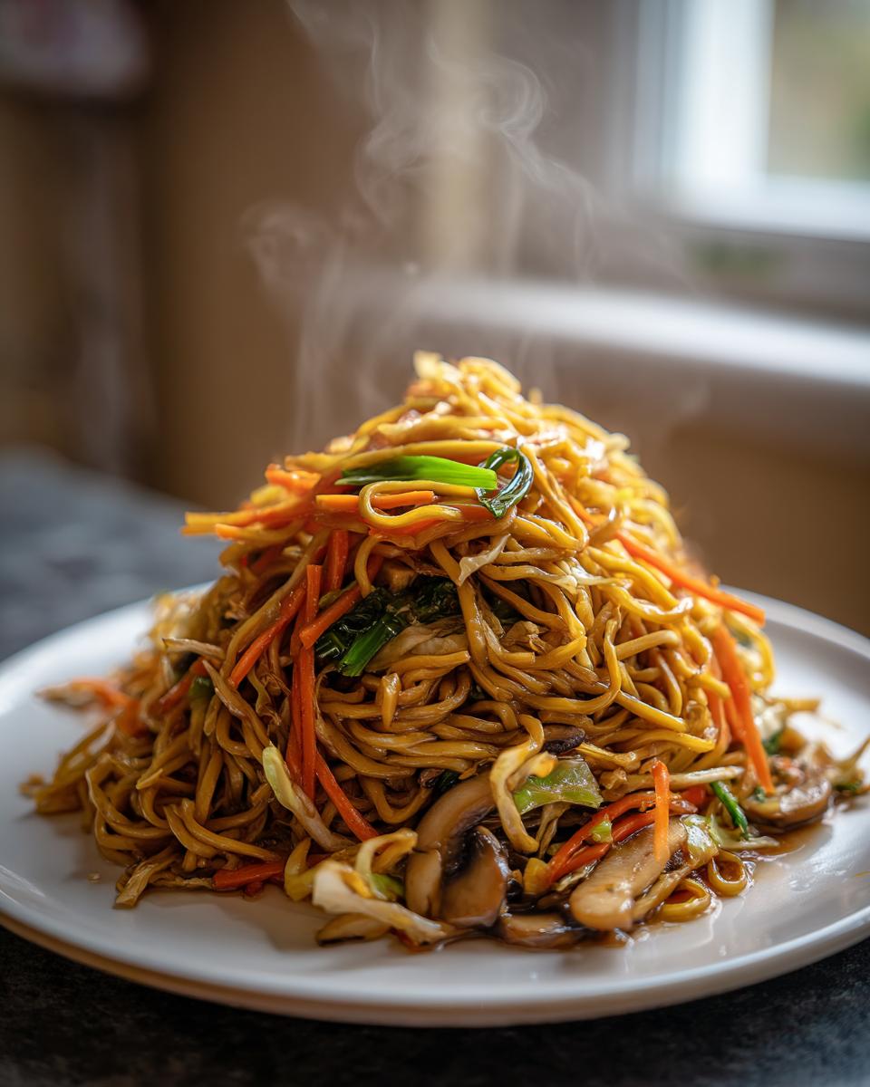 A tall mound of steaming hot Vegetarian Chow Mein noodles mixed with shredded carrots and mushrooms on a white plate.