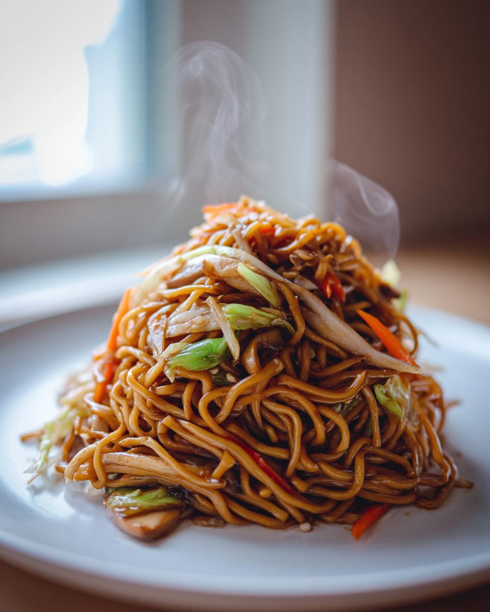 A tall mound of steaming hot Vegetarian Chow Mein noodles mixed with colorful vegetables like carrots and cabbage on a white plate.