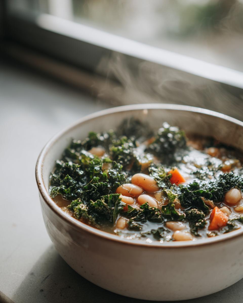 Close-up of a steaming bowl of White Bean Kale Soup, featuring white beans, dark green kale, and carrots.