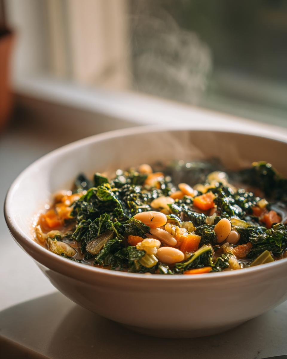 A close-up of a steaming white bowl filled with hearty White Bean Kale Soup, showing kale, white beans, and carrots.