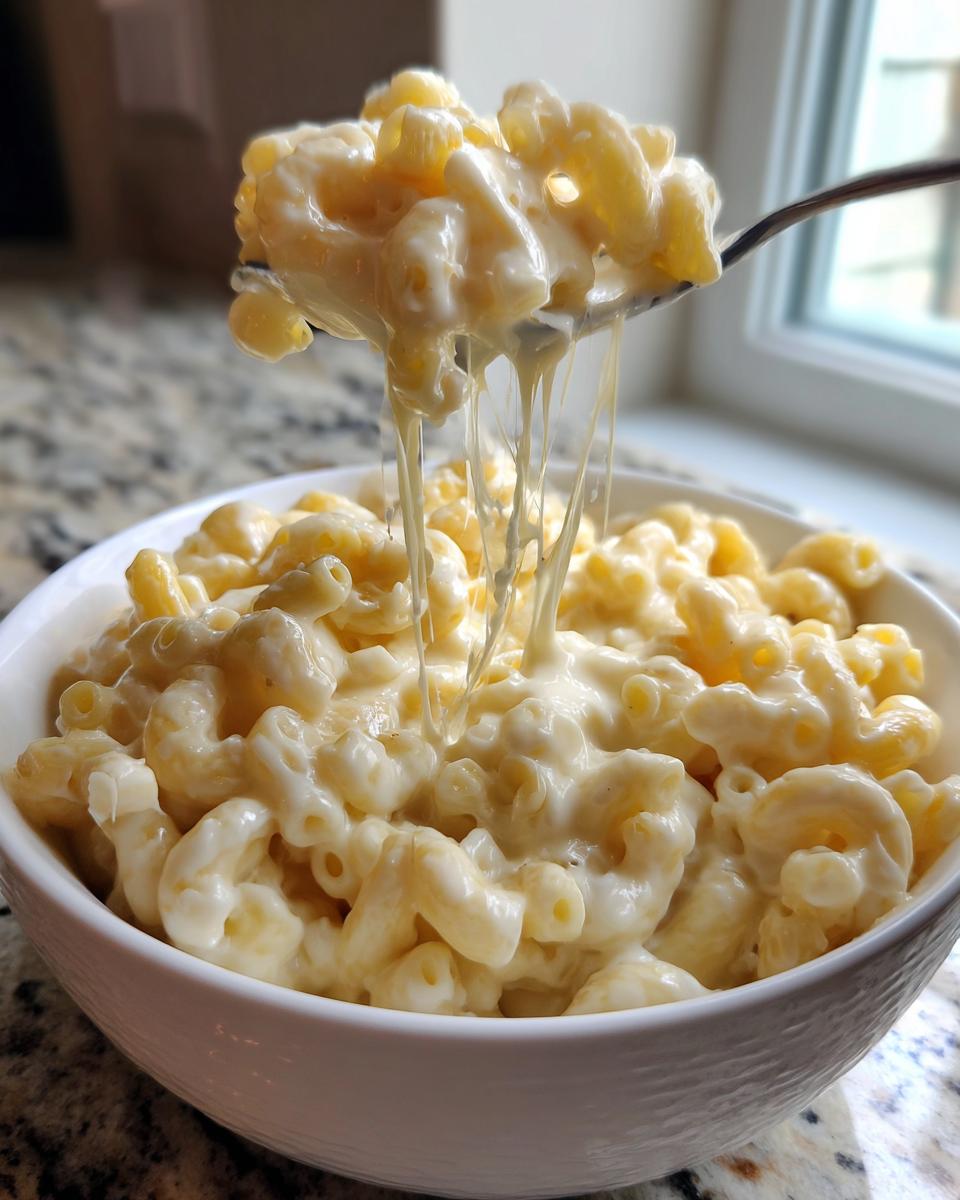 A spoonful of creamy White Cheddar Mac And Cheese showing long, gooey cheese pulls over a full white bowl.