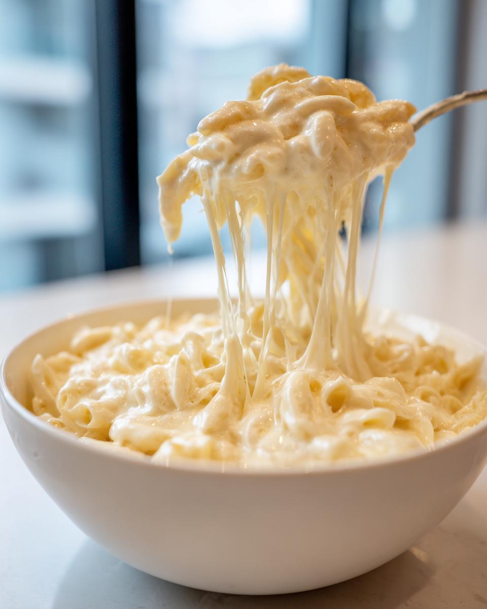 A spoonful of creamy White Cheddar Mac And Cheese showing extreme cheese pull over a white bowl.