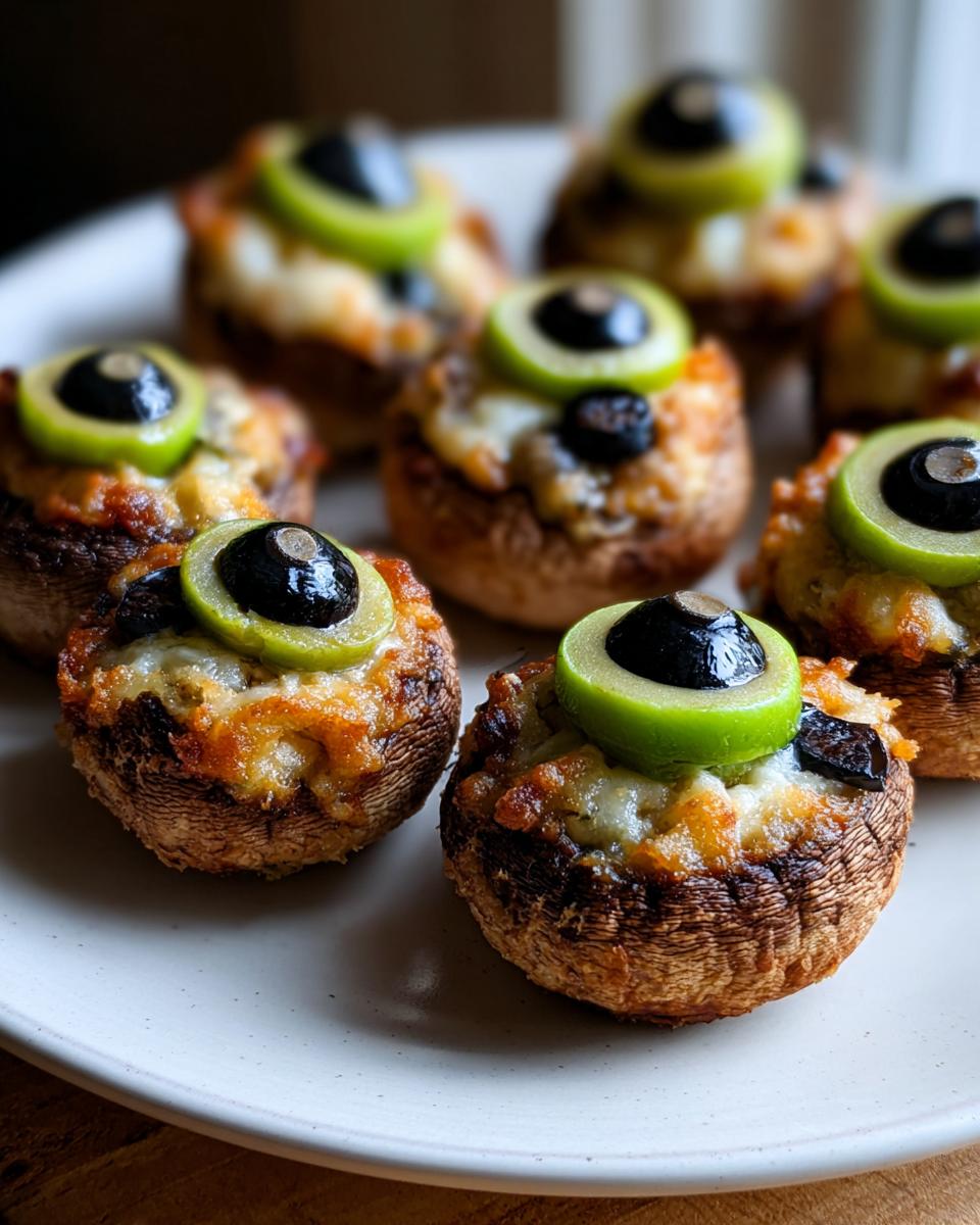 Several baked Stuffed Mushroom Eyeballs topped with melted cheese, green olive slices, and black olives, arranged on a light plate.