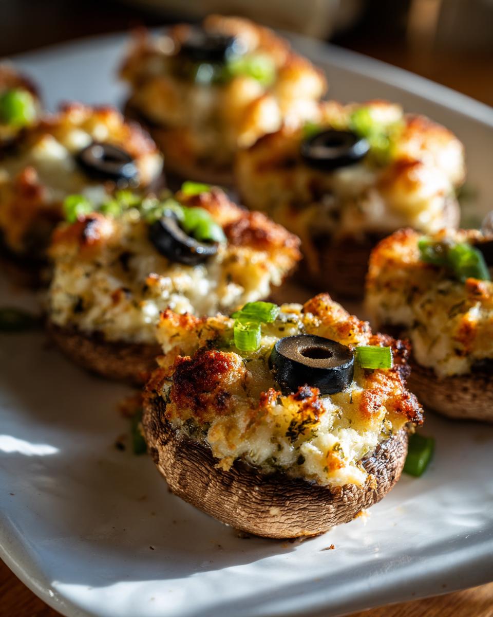 Close-up of baked Stuffed Mushroom Eyeballs topped with cheese filling, a black olive slice, and green onion.