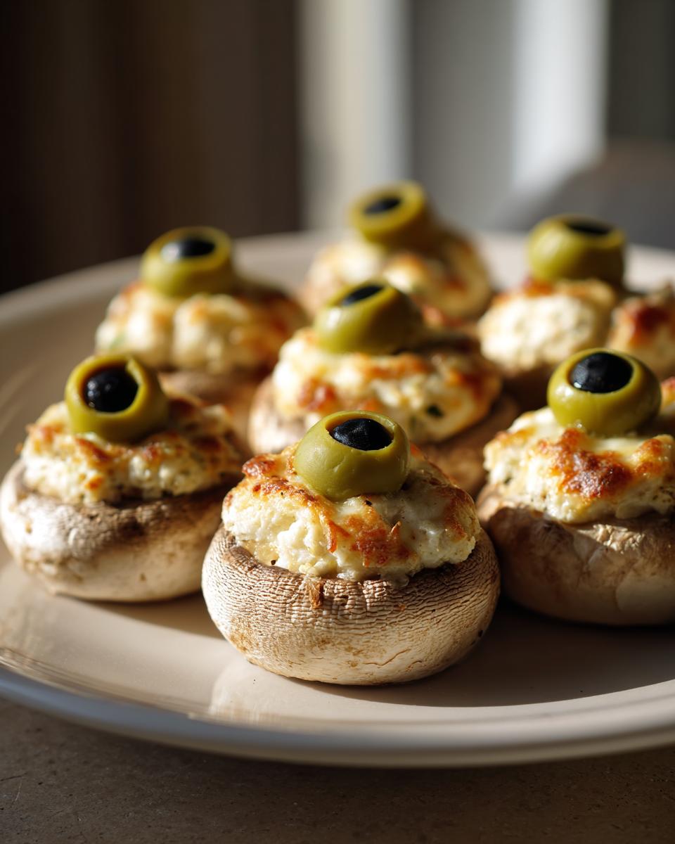 A plate of baked Stuffed Mushroom Eyeballs topped with cheese and a green olive with a black olive center.
