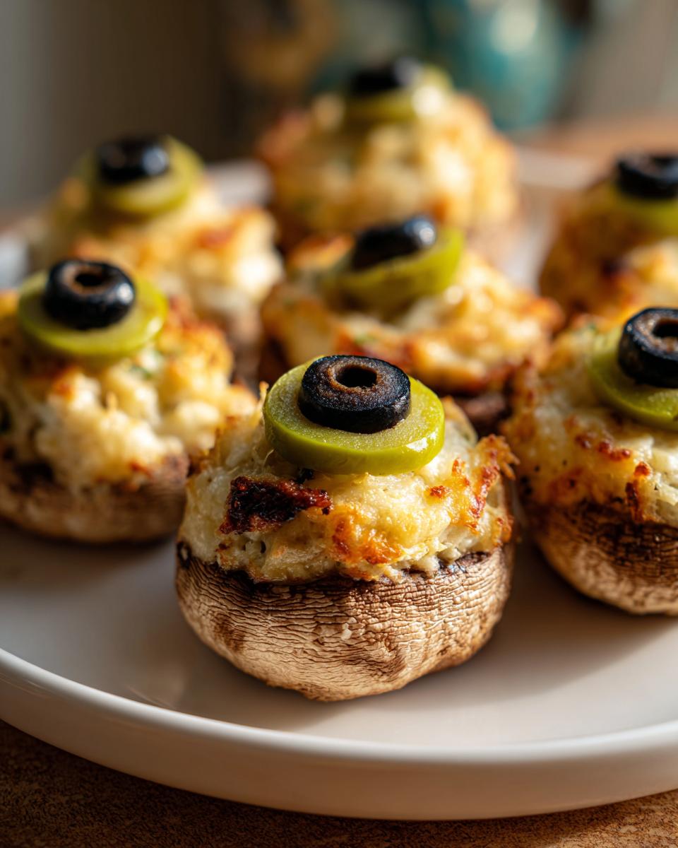 Several baked Stuffed Mushroom Eyeballs topped with melted cheese, a slice of green olive, and a black olive slice.