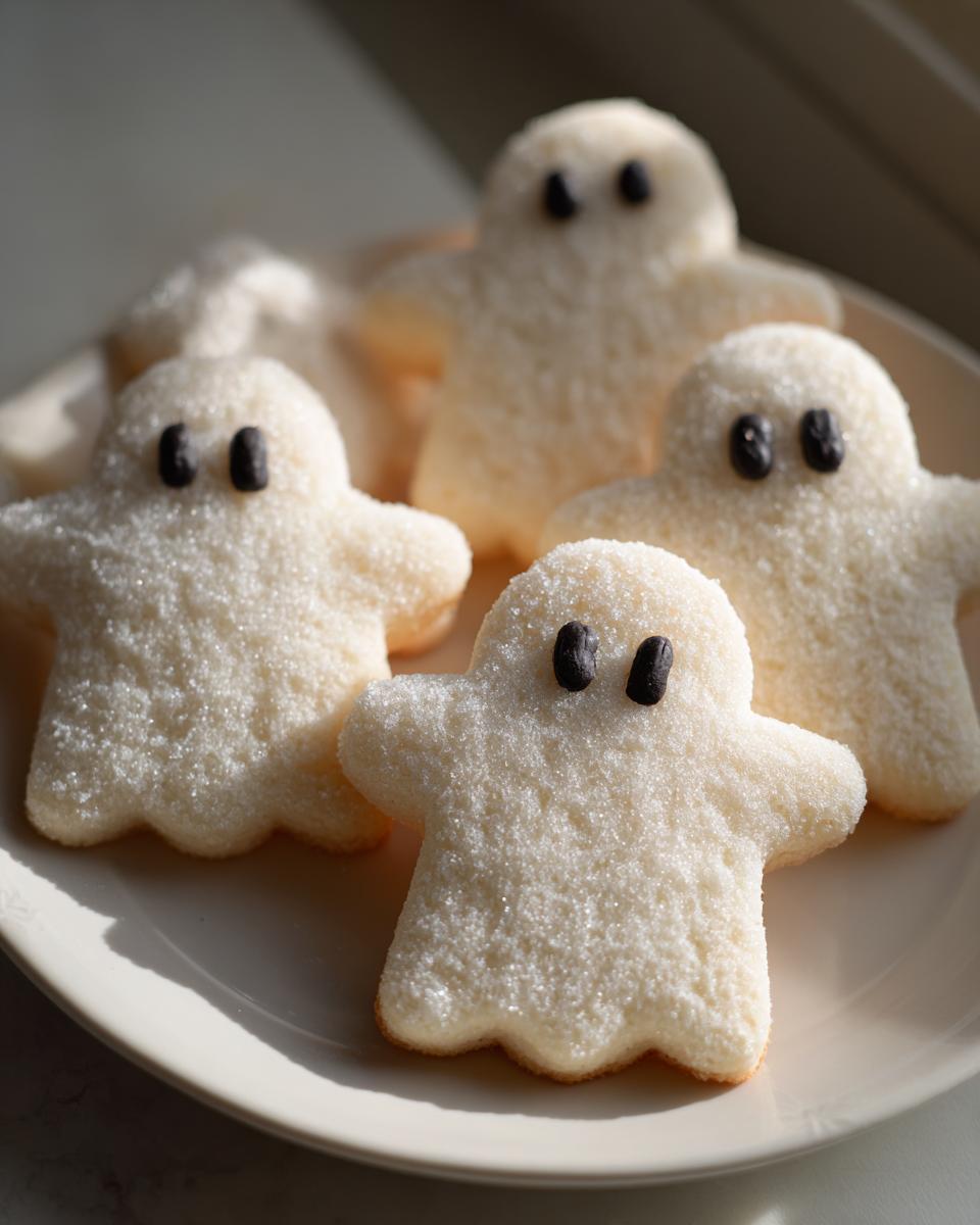 Four white, sugar-coated Ghost Cookies with chocolate chip eyes arranged on a cream-colored plate.