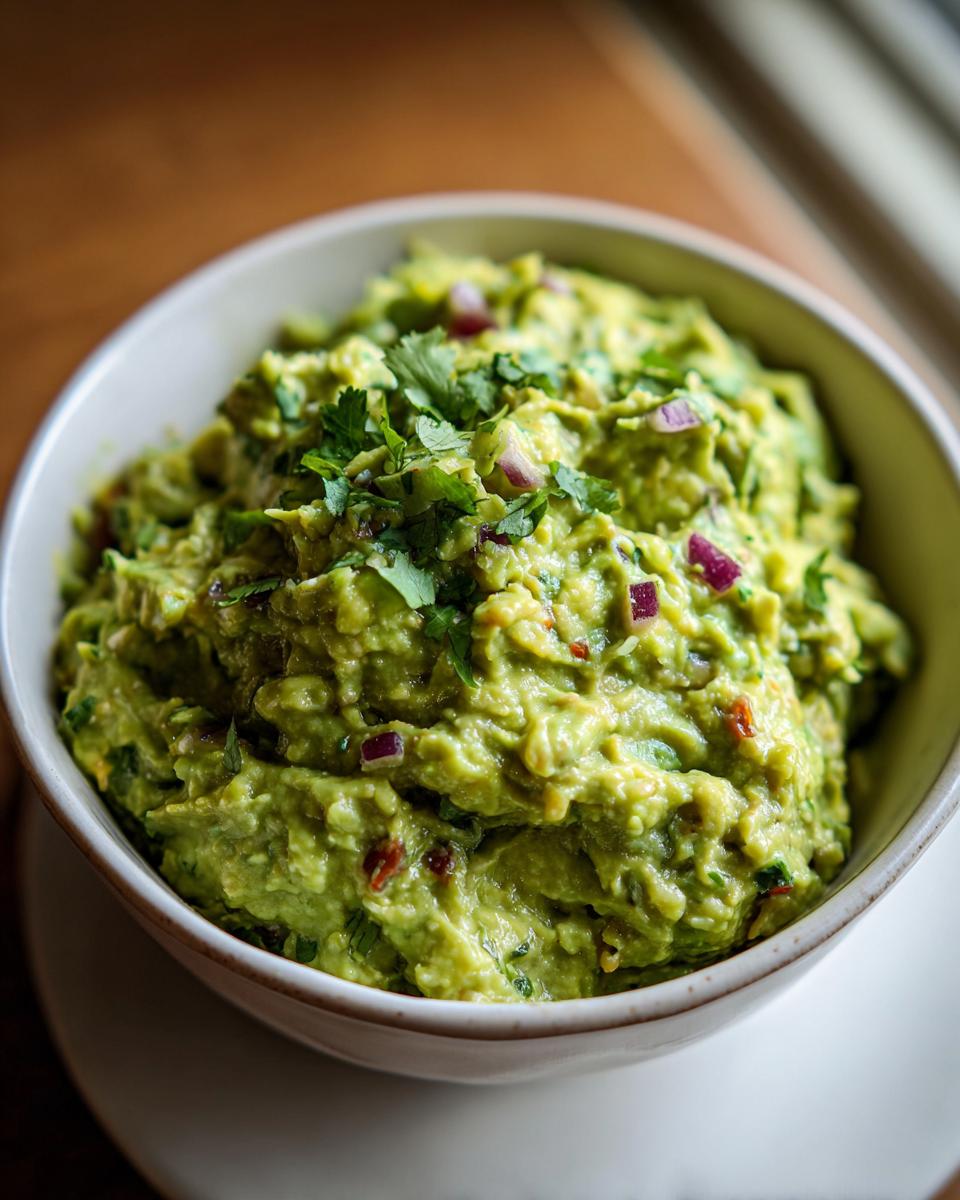 Close-up of a creamy, chunky bowl of Swamp Guacamole garnished with fresh cilantro and red onion.