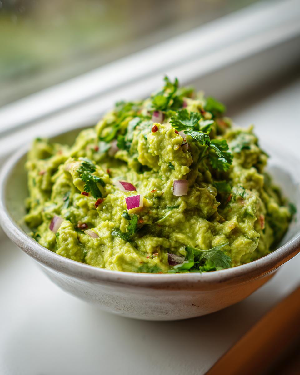 Close-up of a rustic white bowl filled with chunky Swamp Guacamole, garnished with fresh cilantro and diced red onion.