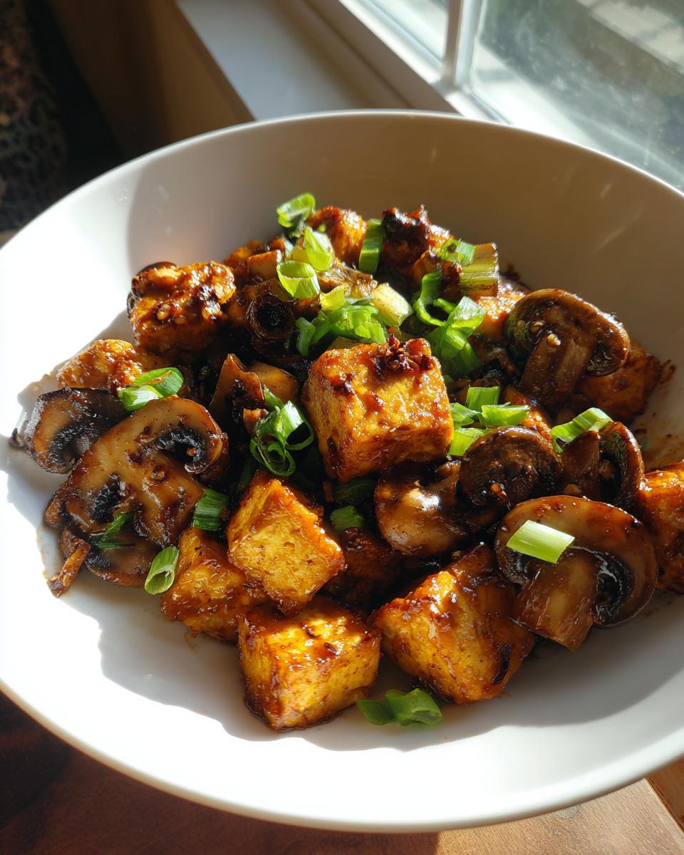 Close-up of golden brown cubes of tofu and sliced mushrooms in a white bowl, topped with fresh green onions, part of a Tofu Mushroom Stir Fry.