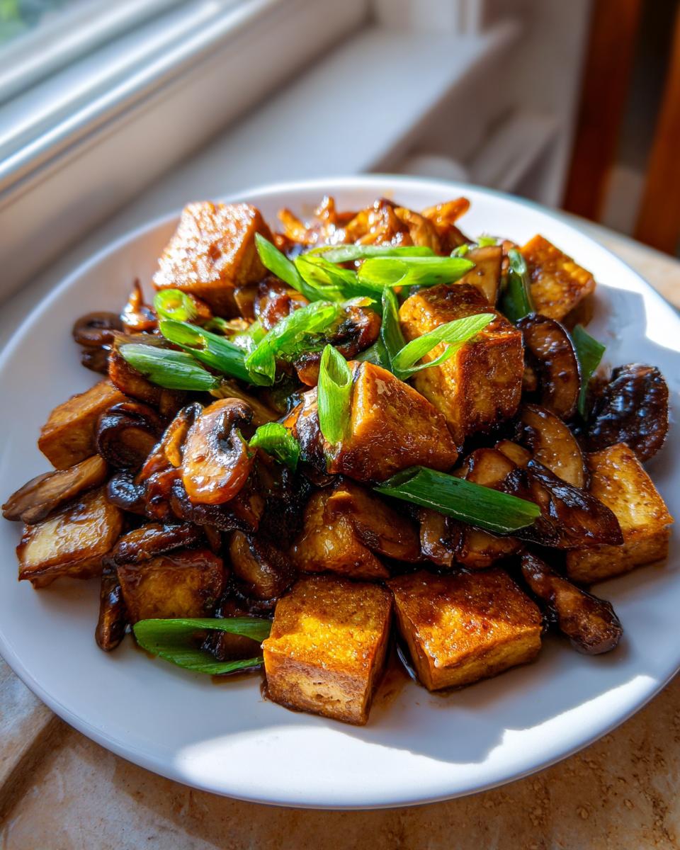 A plate of golden brown Tofu Mushroom Stir Fry topped with bright green sliced scallions, served on a white plate.