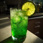 A tall glass filled with a bright green, fizzy Toxic Tonic Mocktail, garnished with a backlit lime wheel.