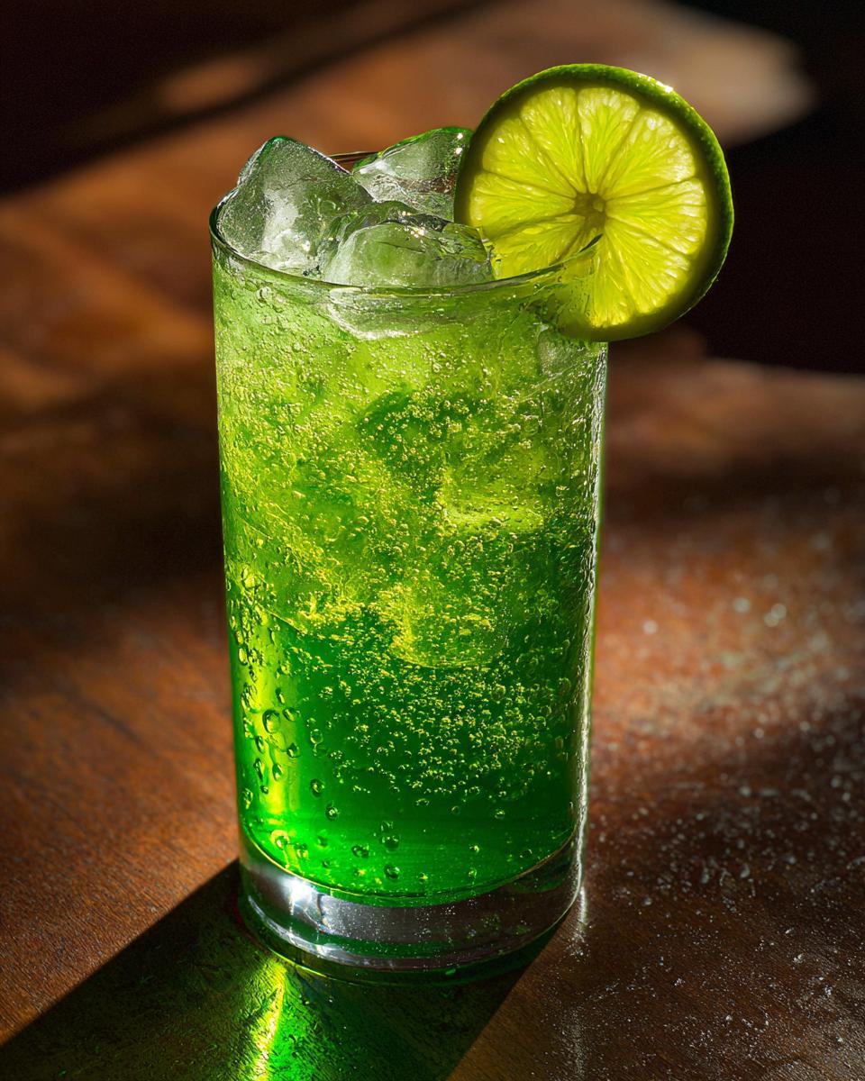 A tall glass filled with a bright green, fizzy Toxic Tonic Mocktail, ice cubes, and a luminous lime wheel garnish.