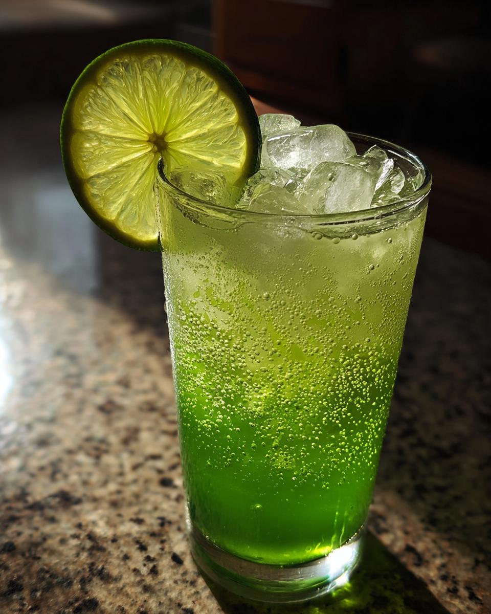 Close-up of a fizzy, bright green Toxic Tonic Mocktail filled with ice and garnished with a backlit lime wheel.