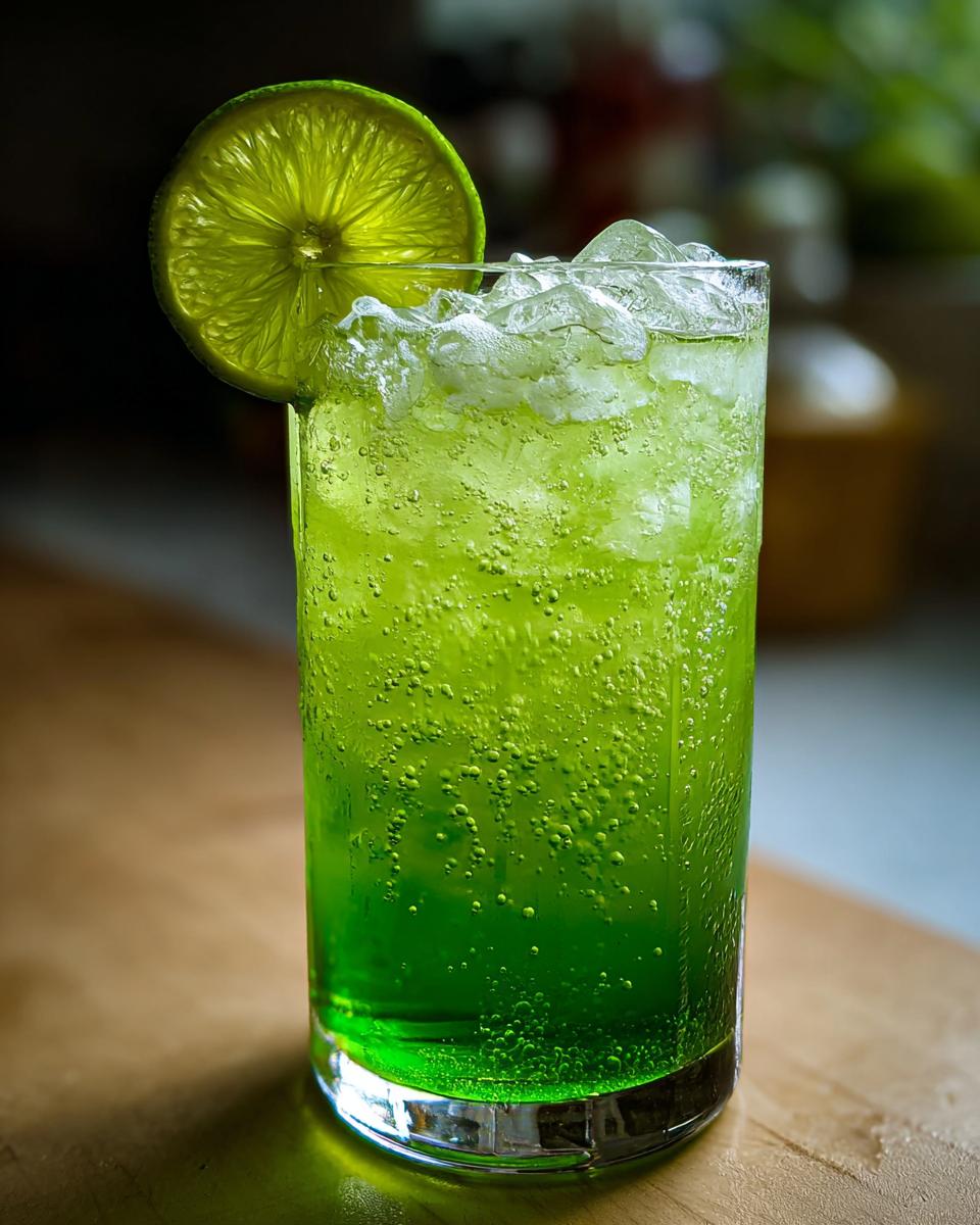 A tall glass filled with a bright, bubbly green Toxic Tonic Mocktail, topped with crushed ice and a lime wheel.