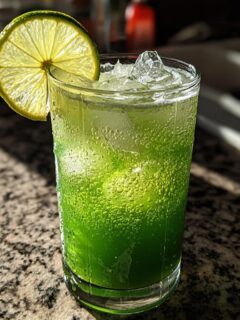 A vibrant green, fizzy Toxic Tonic Mocktail served over ice with a translucent lime wheel garnish.