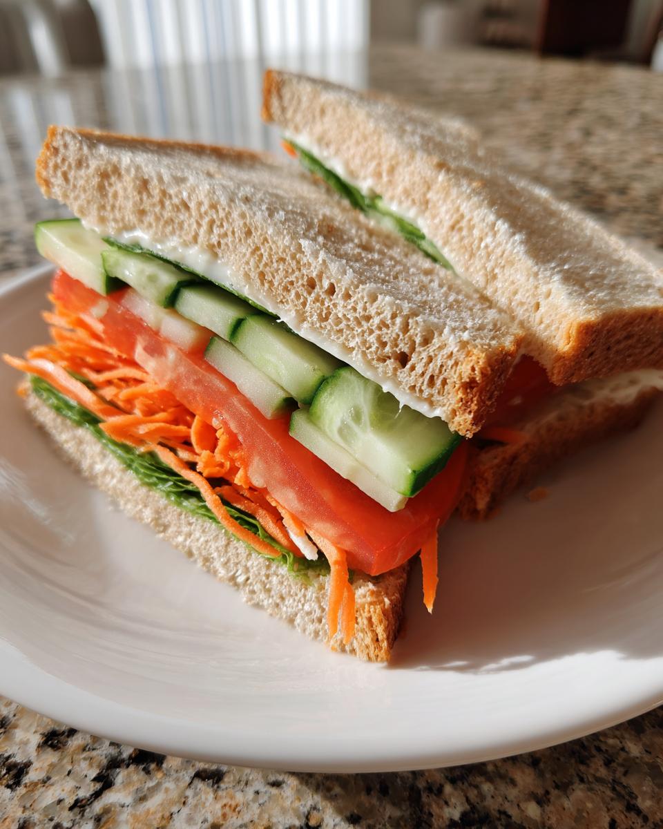 A half-cut Ultimate Veggie Sandwich stacked high with shredded carrots, tomato slices, and cucumber on light wheat bread with mayo.