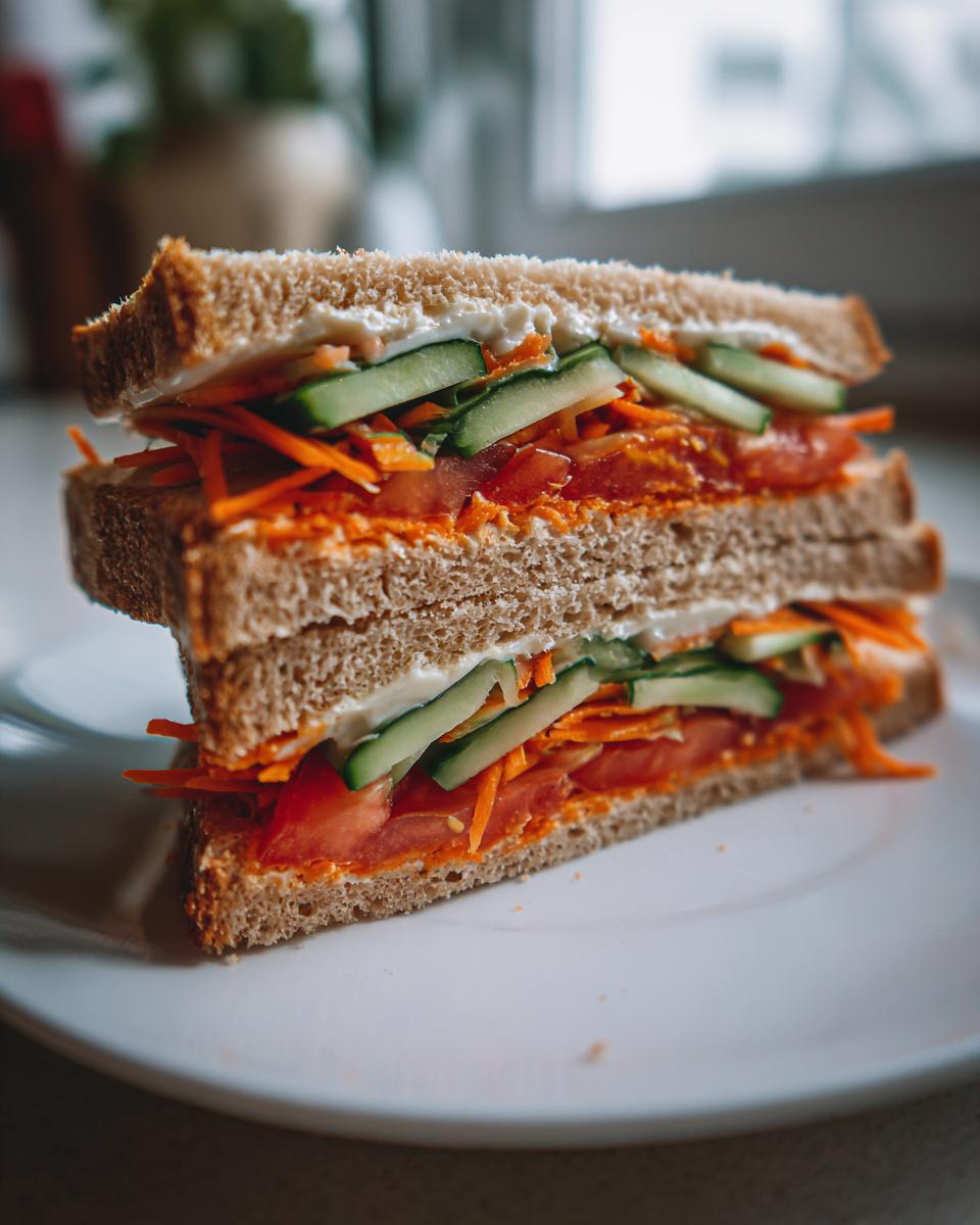 Cross-section of the Ultimate Veggie Sandwich showing layers of tomato, shredded carrot, cucumber, and spread on whole wheat bread.