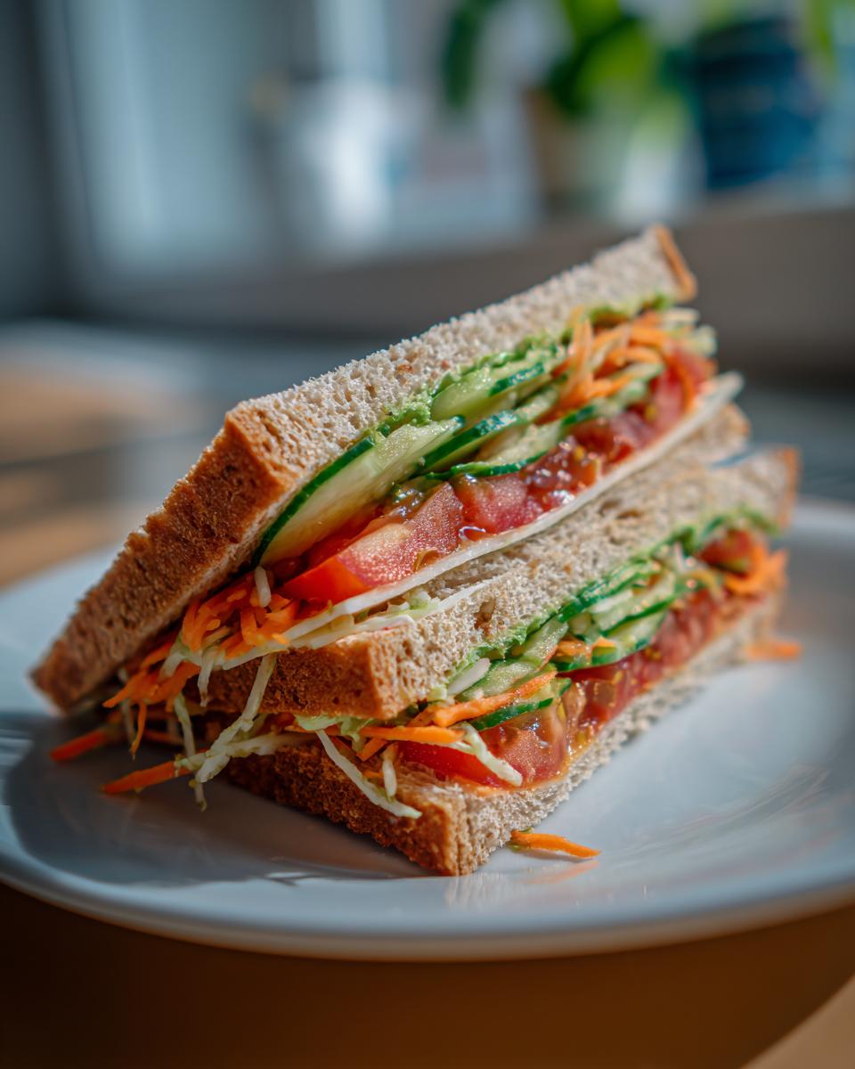 Close-up of the Ultimate Veggie Sandwich, cut diagonally on a white plate, showing layers of fresh vegetables.