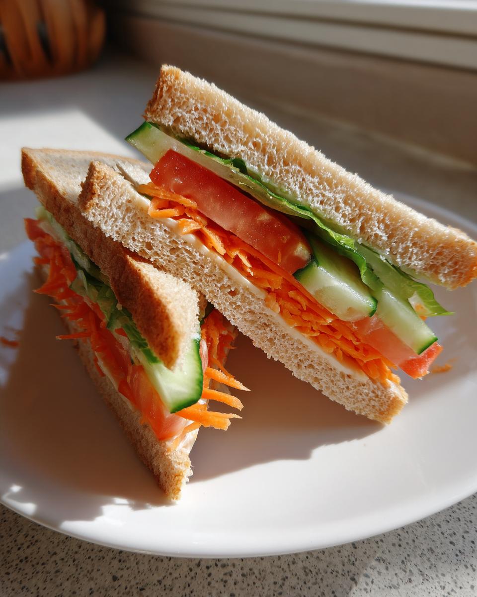 Two halves of an Ultimate Veggie Sandwich made with whole wheat bread, shredded carrots, tomato, cucumber, and lettuce.