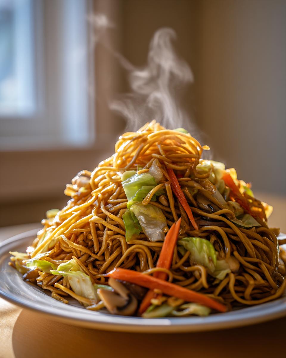 A tall mound of freshly cooked Vegetarian Chow Mein noodles steaming on a plate with visible cabbage and carrots.