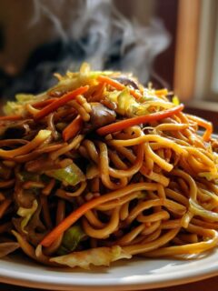 A close-up of a steaming plate of Vegetarian Chow Mein noodles mixed with shredded cabbage and carrots.