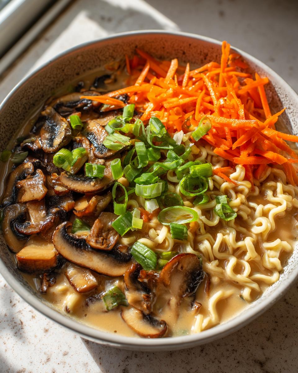 Close-up of a bowl of Vegetarian Peanut Miso Ramen topped with saut&eacute;ed mushrooms, shredded carrots, and green onions.