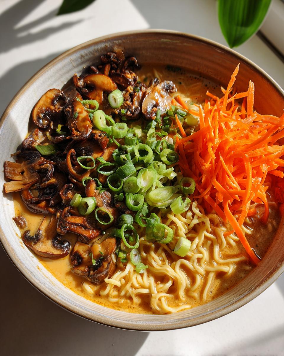 A close-up overhead view of a bowl of Vegetarian Peanut Miso Ramen topped with saut&eacute;ed mushrooms, shredded carrots, and green onions.