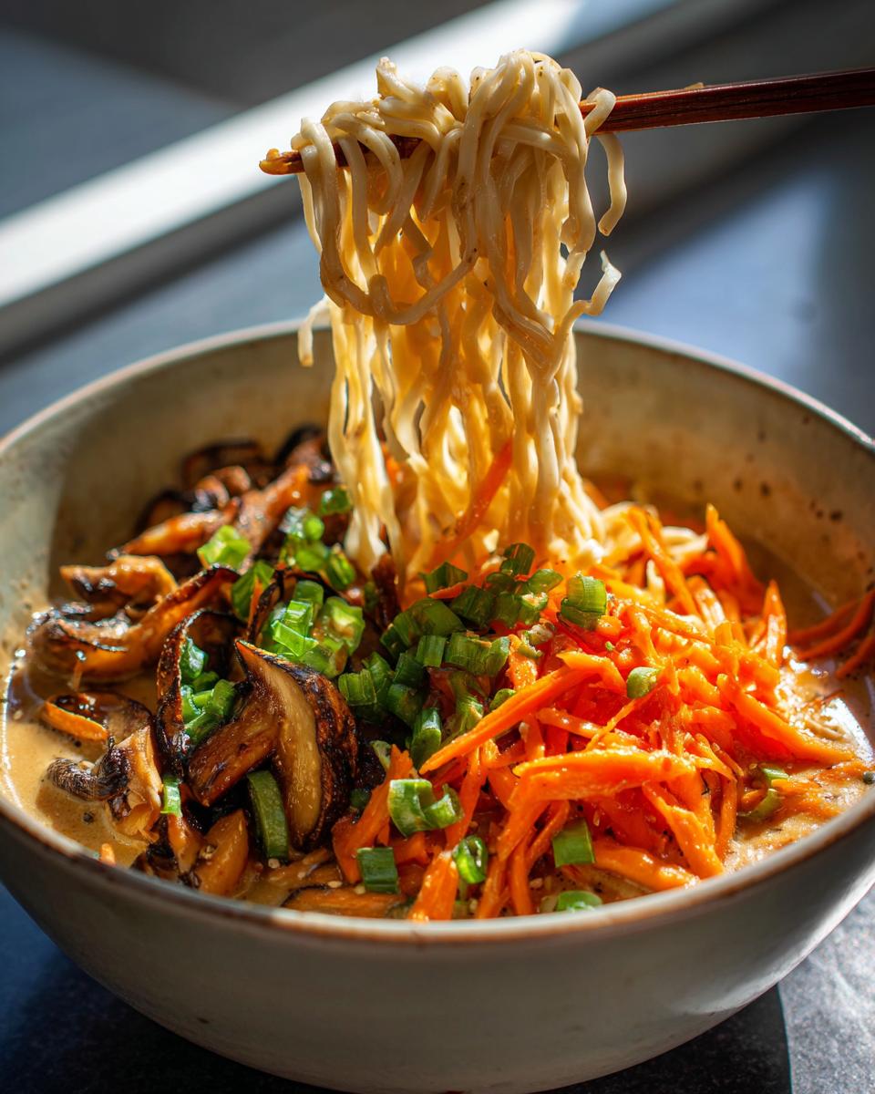 Chopsticks lifting noodles from a bowl of Vegetarian Peanut Miso Ramen topped with shiitake mushrooms and shredded carrots.
