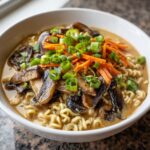 A close-up of a bowl of Vegetarian Peanut Miso Ramen topped with saut&eacute;ed mushrooms, shredded carrots, and green onions.
