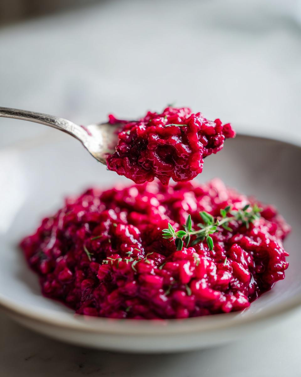 A spoonful of vibrant, magenta Beet Risotto being lifted from a bowl garnished with fresh thyme.