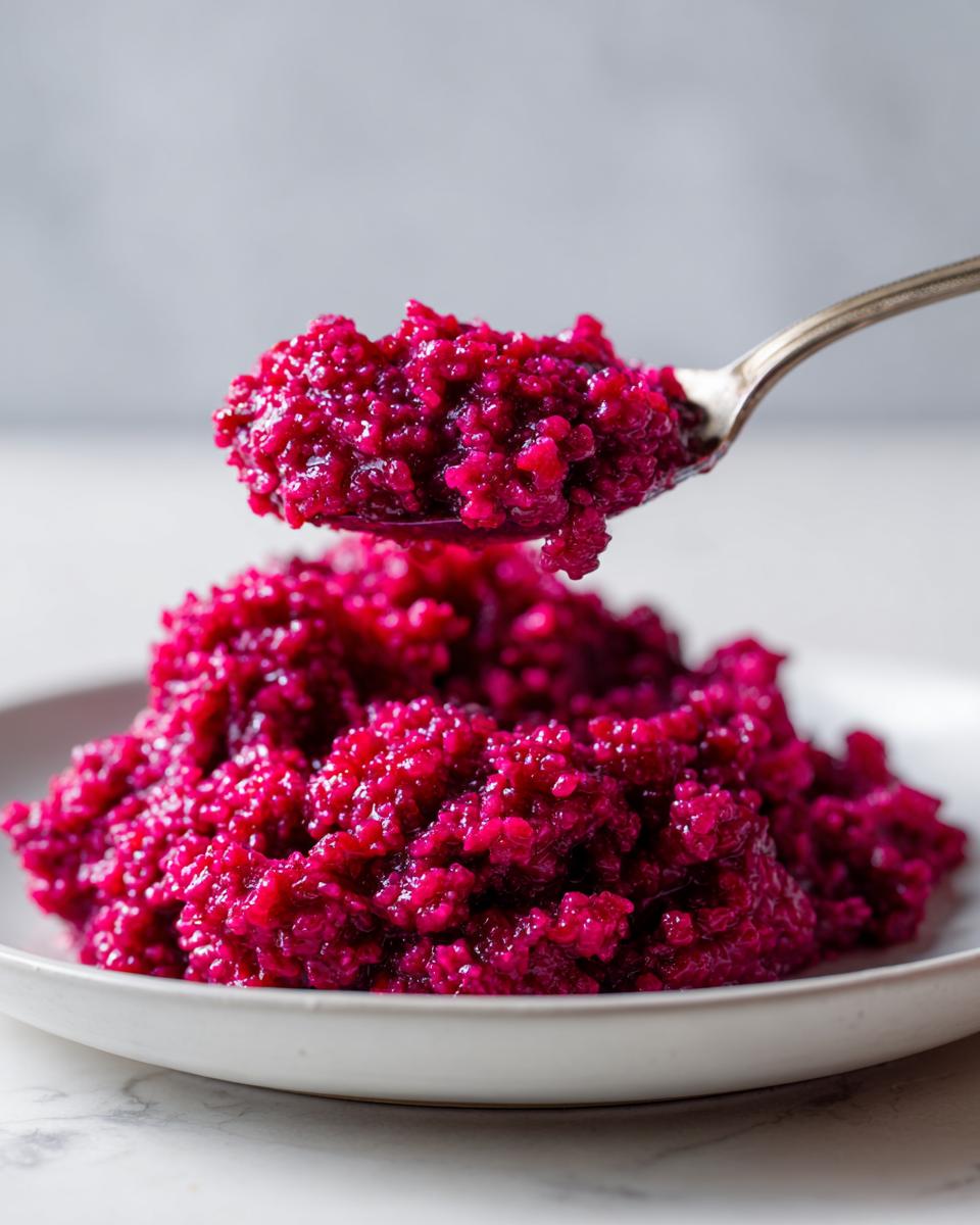 A spoonful of vibrant, magenta Beet Risotto being lifted above a plate of the creamy dish.