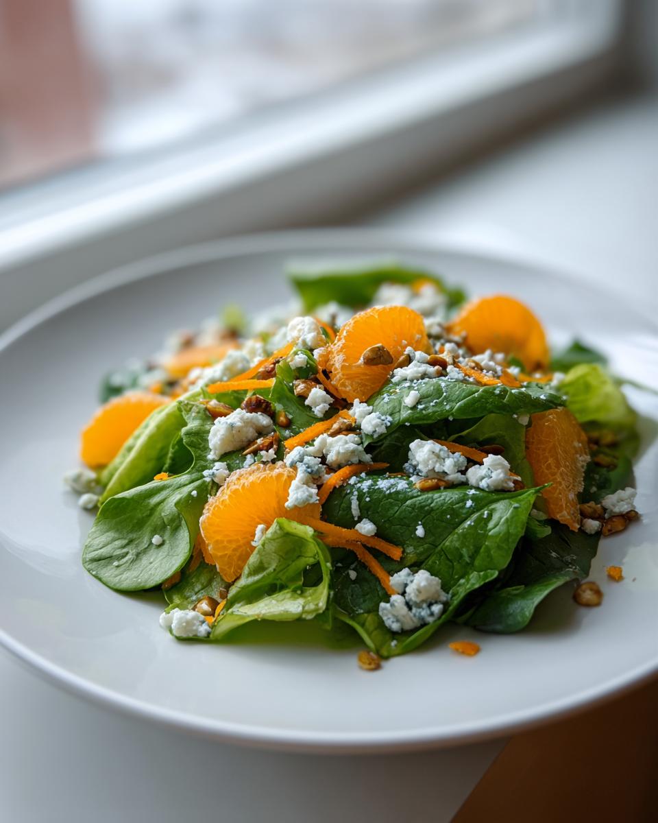 Close-up of a fresh Halloween Salad featuring spinach, bright orange segments, crumbled blue cheese, and nuts.