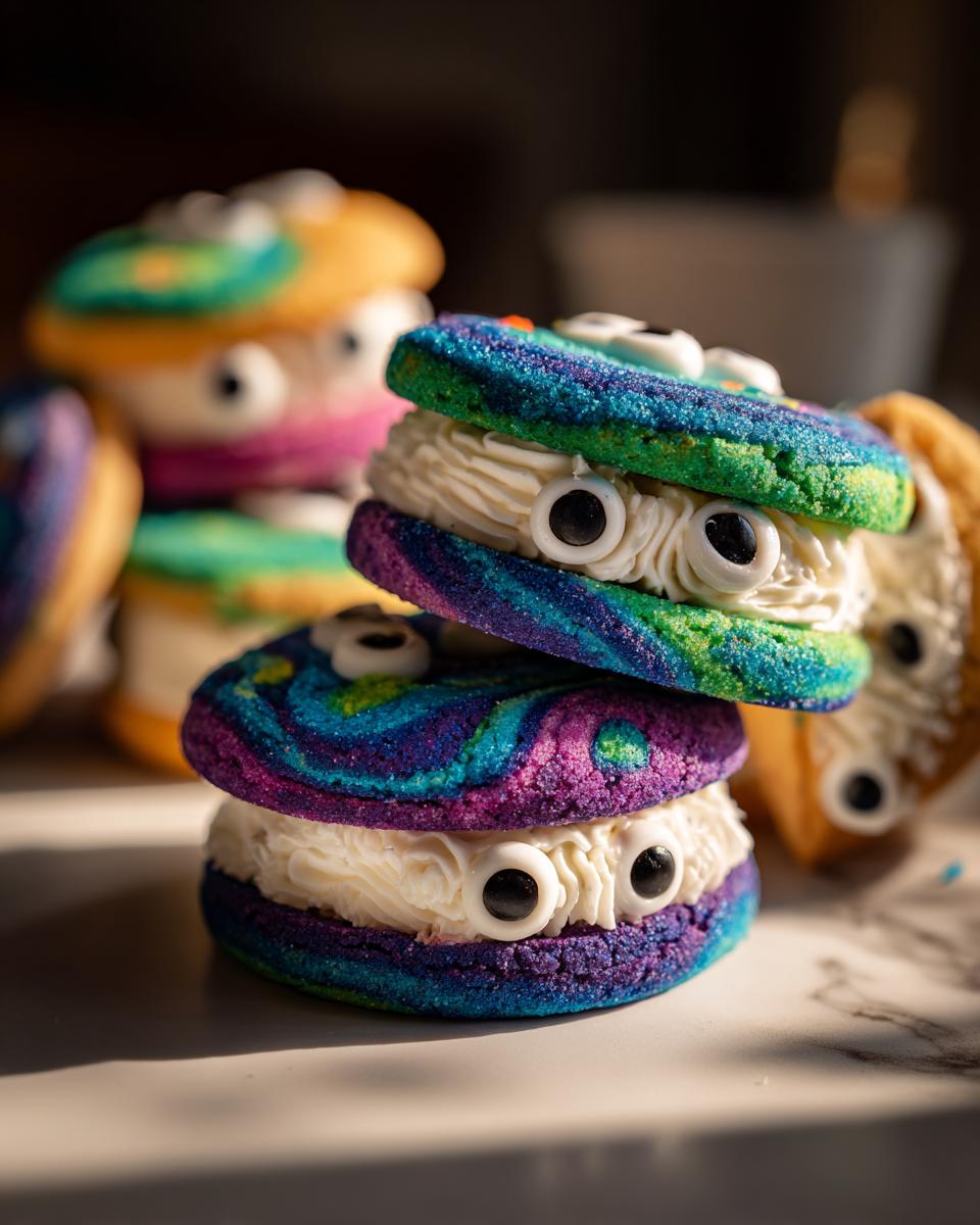 Two vibrant, tie-dye Monster Sandwich Cookies stacked, featuring bright blue/purple cookies and white frosting with candy eyeballs.