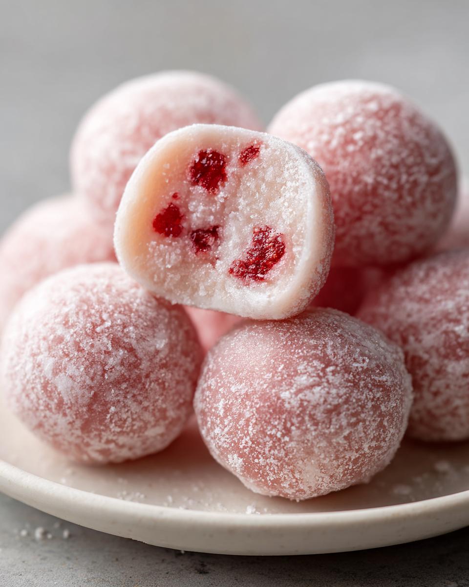 A close-up of several pink, dusted Watermelon Mochi balls, with one cut open revealing a soft interior and red watermelon pieces.