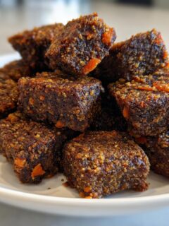 A pile of dark brown, textured, square-shaped homemade Werewolf Kibble treats stacked on a white dish.
