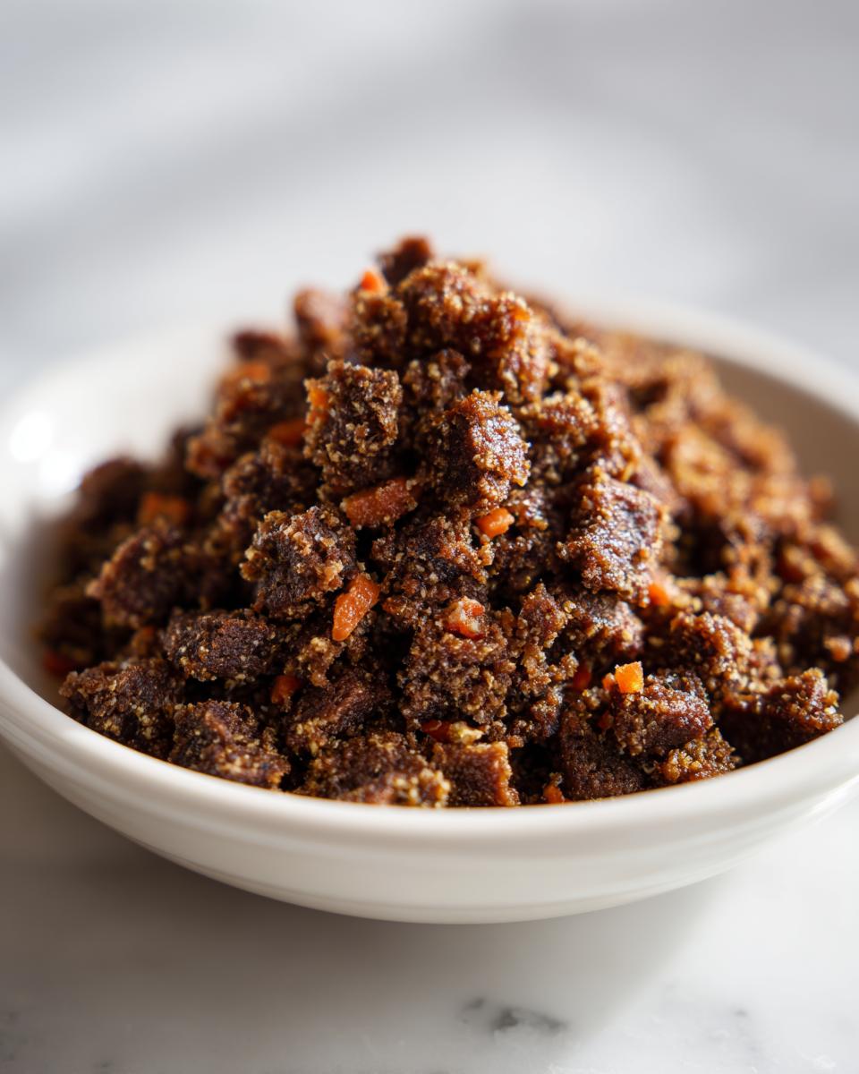 Close-up of dark, crumbly homemade Werewolf Kibble mixed with small orange pieces, served in a white bowl.
