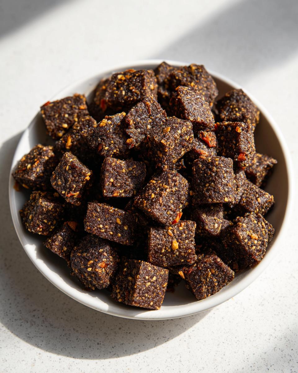A white bowl filled with dark brown, textured, cubed Werewolf Kibble treats catching bright sunlight.